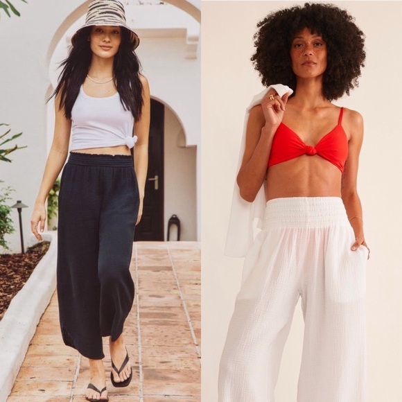 NWT MARINE LAYER Ivory Crinkle Cotton‎ Smocked High Rise Wide Leg Cropped Pant S - Picture 7 of 7